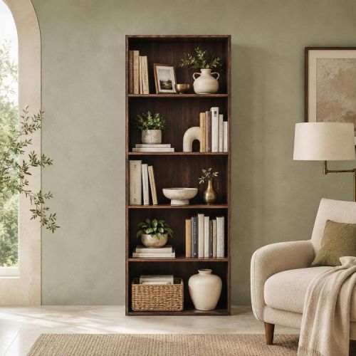 Tall 5-Shelf Storage Bookcase Modern Multi-Functional Bookshelf Display Cabinet, Walnut