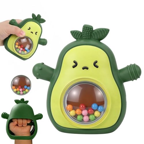 Baby Rattle Teething Toys Silicone Avocado Teething Mitten Sensory Toys for Grasping Chewing Sucking Hearing Needs-Baby Teether for Teething Relief-BPA Free Infant Toys Baby Shower Gifts (Green)