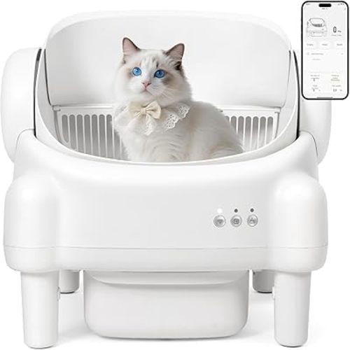 Self Cleaning Litter Box,Open Top Automatic Litter Box with App Control for Multiple Cats, Safety Sensors Protection, Odor Control Includes 2 roll Liners,Large Waste Bin, Cream White