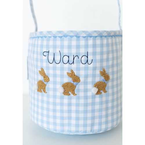 Boys Personalized Blue Gingham Easter Basket, Three bunnies embroidered Easter bag, Monogrammed easter basket, Baby's First Easter