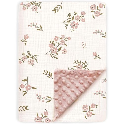 BOPRIO Muslin Baby Blankets for Girls Super Soft Nursery Minky Blankets with Breathable Muslin Cotton Front and 3D Touch Dotted Fleece Backing, Pink Floral Printed Bed Throws Newborn 30 x 40 Inch