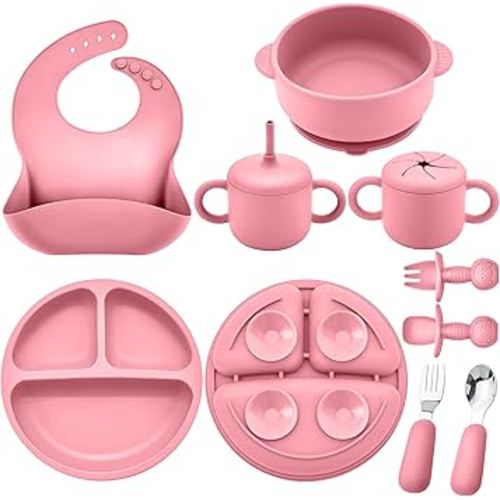Silicone Baby Feeding Set, Baby Led Weaning Supplies, Eating Essentials Utensils with Suction Plate and Bowl, Pocket Bib, Sippy Cup with Lid, Forks Spoons Snack Container, for 6+ Months, Pink