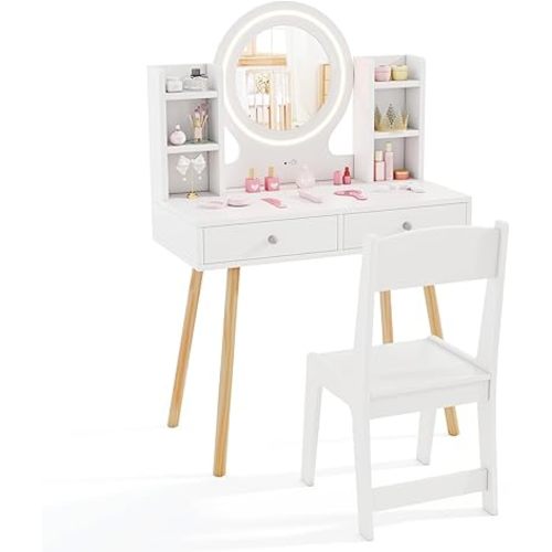 HONEY JOY Kids Vanity, Girls Vanity Set with Mirror and Stool and Lights, Drawers & Storage Shelves, Toddler Makeup Vanity Dressing Table, Pretend Play Kids Vanity Table and Chair Set (White)