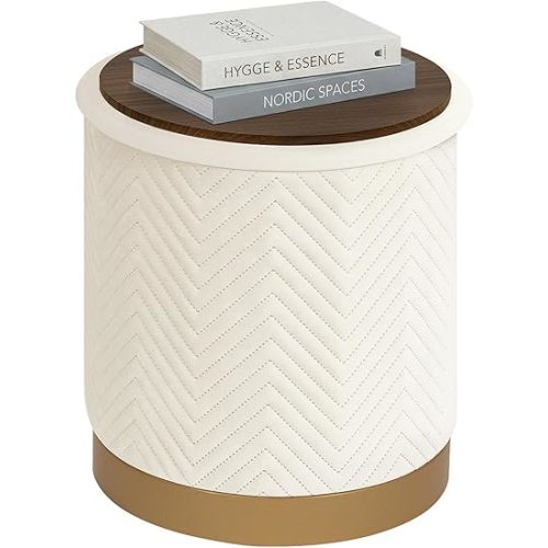 PINPLUS Round White Velvet Storage Ottoman, 14.7"x14.7"x16.3" – Small Footstool with Gold Base, Hidden Storage Ottoman Coffee Table for Living Room, Bedroom, Dorm, 220 LBS Capacity