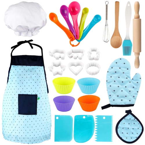 Vanmor Kids Basic Cooking and Baking Set, 26 Pcs Kids Baking Sets with Kids Chef Hat and Apron for Girls Boys Toddler Dress Up Chef Costume Career Role Play Toys for 3 4 5 6 Year Old Girl Boys Gifts