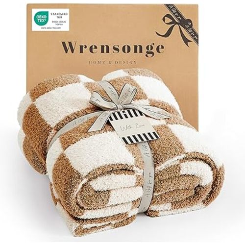 WRENSONGE Fall Checkered Throw Blanket, Burnt Orange Soft Cozy Fluffy Warm Hand Made Throw Blankets for Couch, Sofa, Chair, Bed, Camping, Picnic, Travel Lightweight Bed Blanket - 50"*70"