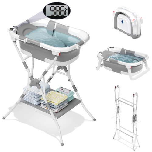 COOSEYA 2-in-1 Baby Bathtub with Stand and Storage Shelf, Foldable Elevated Baby Bath Tub with Thermometer & Soft Cushion for Newborn to Toddler 0-2 Years, Gray
