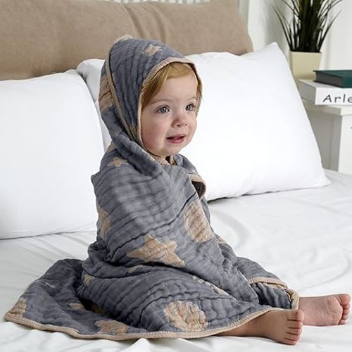 Ultra-Soft Muslin Baby Hooded Towel - 32 x 32 Inches, Ideal for Bath & Beach, Suitable for Both Boys & Girls from Newborns to Toddlers