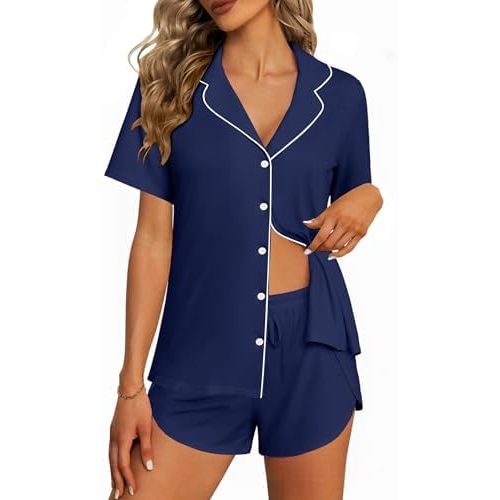 Ekouaer Pajamas for Women Set Button Up Sleepwear 2 Piece Pjs Lounge Set Short Sleeve Nightwear