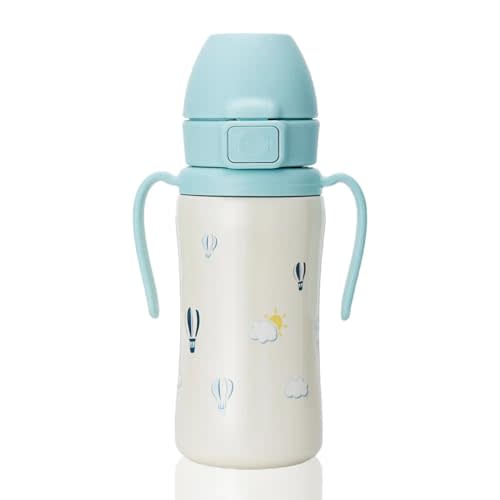 GROSMIMI Stainless Steel Baby Straw Cup, Insulated Spill-Proof Sippy Cup with Carry Strap & Flip-Top for Toddlers 12+ Months, Bite-Resistant Silicone Straw, BPA-Free, Stage 2, 10oz (Air Balloon)