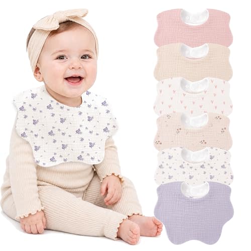 Bearmoss Muslin Baby Bibs for Drooling & Teething Cotton Drool Bib 6 Pack | Soft Absorbent Adjustable Bibs for Unisex Boys and Girls,Easy to Clean for Infant,Toddler, Newborn,Wider design,0-36 Months