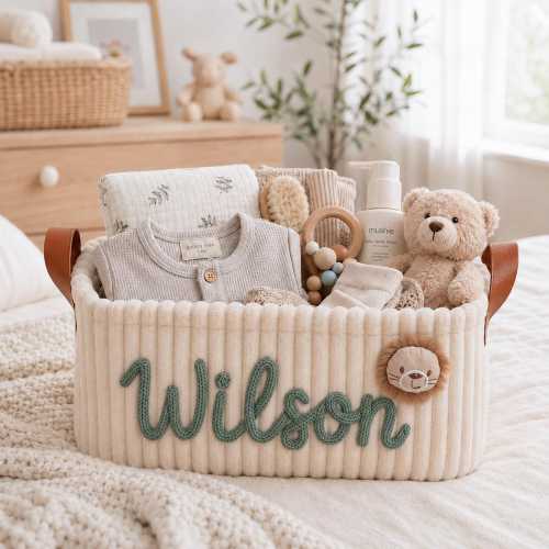 Custom Baby Storage Basket with Name, Personalized Corduroy Toy Basket, Nursery Organizer, Newborn Baby Gift, Christening gift