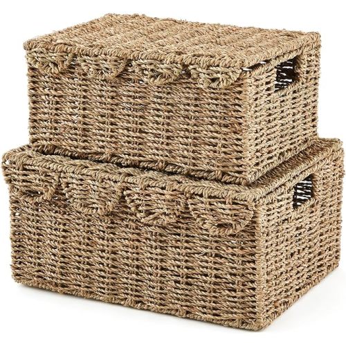 Boao 2 Pcs Scalloped Edge Wicker Basket Set with Lid, Woven Basket for Organizing Storage, Handwoven Gift Baskets with Handles for Bedroom Living Room Bathroom(Seagrass)