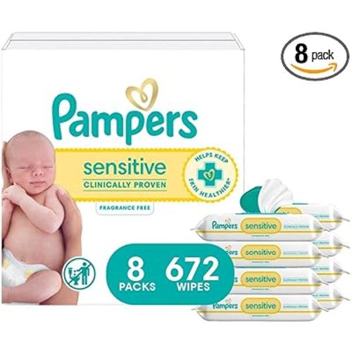 Pampers Baby Wipes, Sensitive, Water Based Wipe, Clinically Proven, Hypoallergenic, and Unscented for Babies, 672 Wipes Total (8 Flip-Top Packs) [Packaging May Vary]