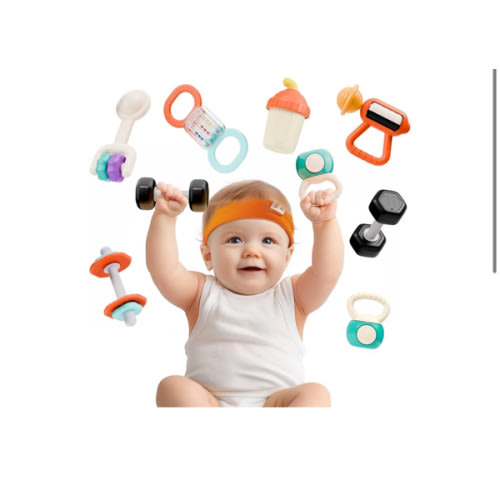 iPlay, iLearn Baby First Gym Rattle Set, Infant Dumbbell Weights Teething Rattles 3-6-12 Month, Newborn Workout Sensory Stroller Toy, Babies Birthday Shower Gift 5 7 8 9 10 Month Toddler Boy Girl-4PCS