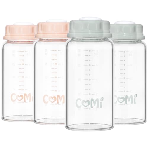 COMI Natural Glass Baby Bottle,Standard Neck Breastmilk Storage Bottle for Fridge,Breast Milk Container,Breast Pump Bottle Compatible with Medela Breast Pump,BPA Free,4PCS (5oz, 2 Gray+2 Pink)