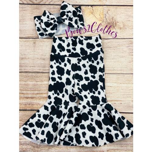 Cow Spots/ Cow Print / Baby Girl Bell Bottoms and Bow Set