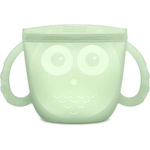 Haakaa Oscar Owl Baby Snack Container-Silicone Travel Snack Pouch for Toddlers,Spill Proof Toddler Snack Cup, Reusable Snack Bags for Infant On-The-Go,BPA Free- Pea Green
