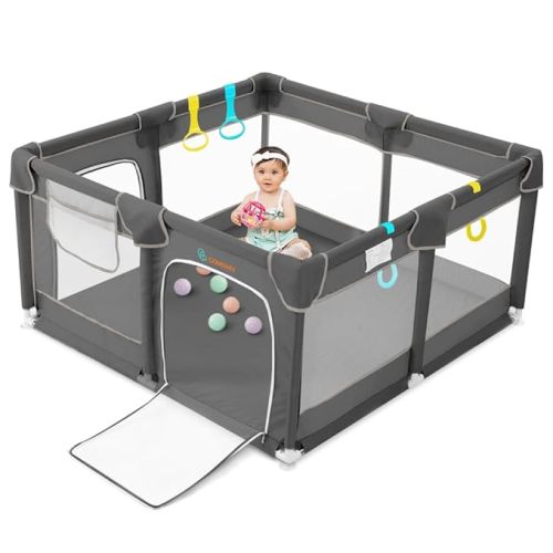 COMOMY Playpens for Babies and Toddlers, 63"x63" Baby Playard Extra Large, Safe and Non-Slip Baby Fence, Full Mesh Design, Indoor & Outdoor Kids Activity Center, Play Pens (Dark Grey)