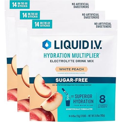 Liquid I.V.® Hydration Multiplier® Sugar-Free - White Peach - Hydration Powder Packets | Electrolyte Powder Drink Mix | Convenient Single-Serving Sticks | Non-GMO | 14 Servings (Pack of 3)