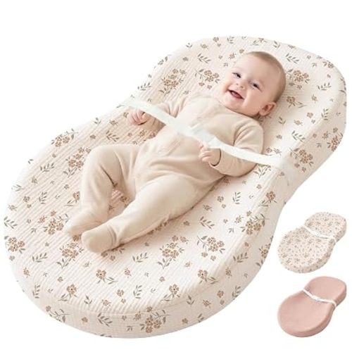 Konssy Baby Changing Pad Set with Waterproof Lining & 2 Pack Muslin Covers | Soft Foam Support, Contoured Sides, Non-Slip Base & Safety Belt, Diaper Changing Pad for Dresser, 32" x 16" (Blossom,Pink)