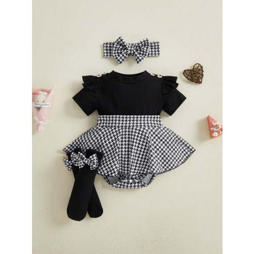 Loicainy Baby Infant Girl Bodysuit Dress Outfit 3 6 9 12 Months Houndstooth Short Sleeve Ribbed Skirt Romper Bow Headband and Socks 3 Piece Set