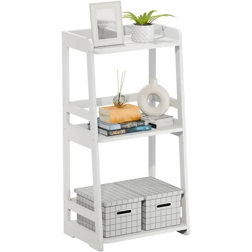 3 Tier White Ladder Shelf, Solid Wood Bookshelf, Small Bookcase, Book Shelves Storage Organizer for Bathroom, Living Room, Kitchen, Bedroom, Office