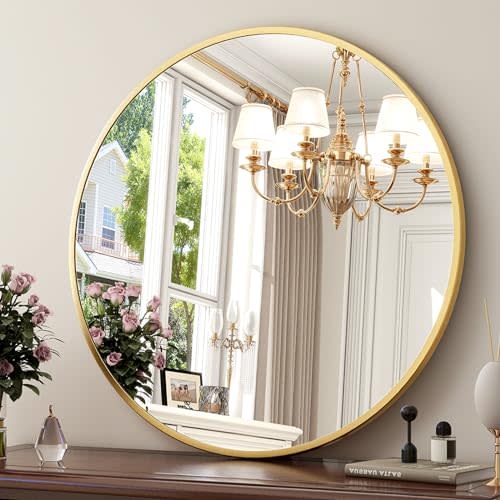 XRAMFY 24 Inch Round Mirror - Circle Mirrors for Bathroom, Entryway and Living Room Wall Decor, Modern Hanging Vanity Mirror, Matte Gold Circle Decorative Wall Mirror