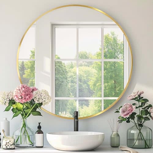 Round Gold Mirror 30 Inch, Brushed Gold Frame, Large Circle Mirror | Metal Frame, Circular Wall Mounted Mirrors for Bathroom, Living Room,Entryway,Bedroom,Hallway,Dining Room,High Definition