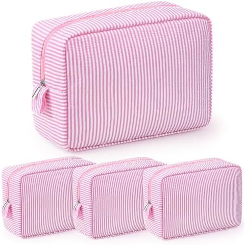 Sanwuta 3 Pcs Seersucker Makeup Bags Seersucker Cosmetic Bags Striped Women Large Travel Toiletry Organizer Preppy Storage Pouch for Embroidery Wedding Bridesmaid Gifts(Light Pink)