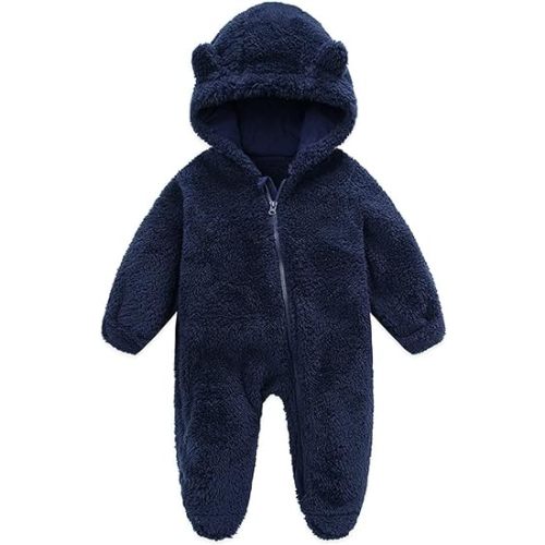 Baby Furry Jumpsuit Infant Bear Onesie Zipper Long Sleeve One-Piece Romper Hoodie Baby Outwear Snowsuit