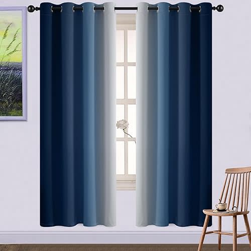 Yakamok 72 Inch Length Light Blocking Grommet Window Drapes,Blue and Greyish White Room Darkening Gradient Color Curtains for Bedroom(52x72 Inch, Set of 2)