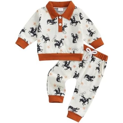 SAYOO Toddler Baby Boy Fall Clothes Western Cow Print/Mallard Duck Print Turn Down Collar Sweatshirt Jogger Pant Outfit