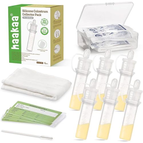 haakaa Colostrum Collector Kit Breast Milk Collector with Cotton Cloth Wipe and Storage Case, Ready-to-Use, Reusable, BPA Free, 4ml/6pcs