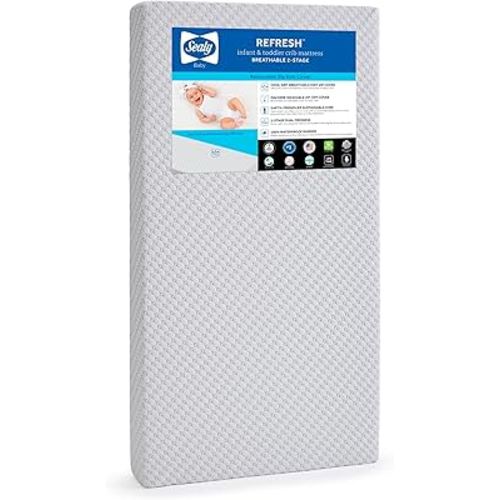 Sealy Baby Refresh Breathable Crib Mattress, GREENGUARD Gold Certified, Made in USA, Removable Knit Cover, 2 Stage, Toddler Bed Fit, Safety & Quality Tested, 52x28