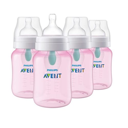 Philips Avent Anti-Colic Baby Bottle with AirFree Vent, 9oz, with Flow 2 Nipples, 1m+, 4pk, Pink, SCY703/14