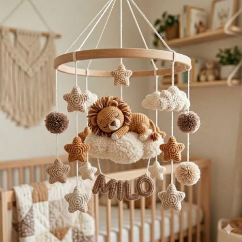 Custom Baby Name Crochet Lion Nursery Mobile, Safari Baby Mobile, Lion Sleeping On Cloud, Woodland Theme Nursery Decor, Baby Shower Gift