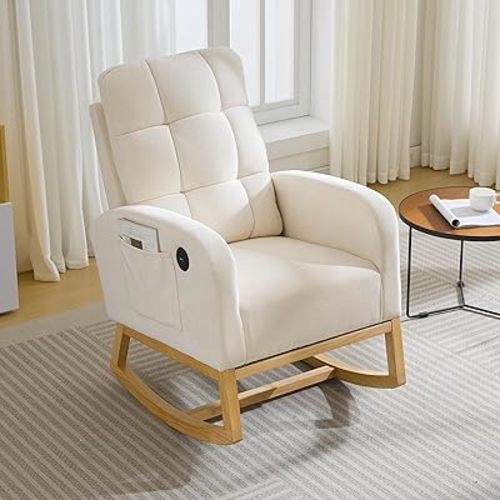 Nursery Rocking Chair, Linen Upholstered Glider Rocker with Side Pocket, USB Charging Port & Wood Legs, High Back Nursing Chair for Living Room Bedroom, Beige