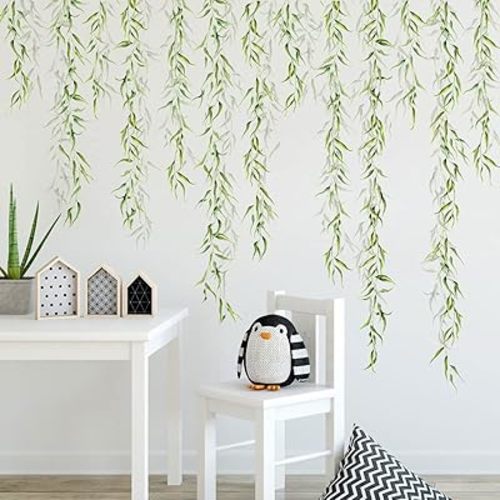 4 Sheets Hanging Willow Leaf Wall Decals Green Plants Wicker Wall Sticker DIY Removable Lifelike Willows Vine Wall Mural for Bedroom Kitchen Classroom Nursery Offices Closet Ceiling Home Decor