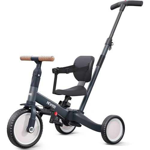 newyoo Tricycle for Toddlers 1-3, Toddler Bike, Trike with Push Handle, Perfect Boys and Girls Birthday Gift and Toys, Balance Bike with Backrest and Safety Belt, TR007, Dark Gray