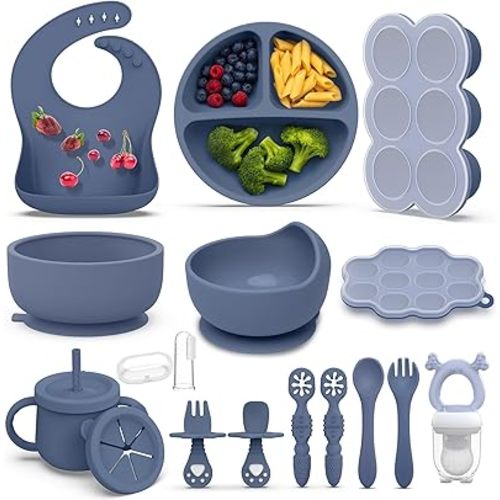 16 Pack Silicone Baby Feeding Set, BPA-Free Baby LED Weaning Supplies, Include Suction Plates, Baby Bowls, Silicone Fork & Spoon, and More, First Stage Baby Food Eating Utensils