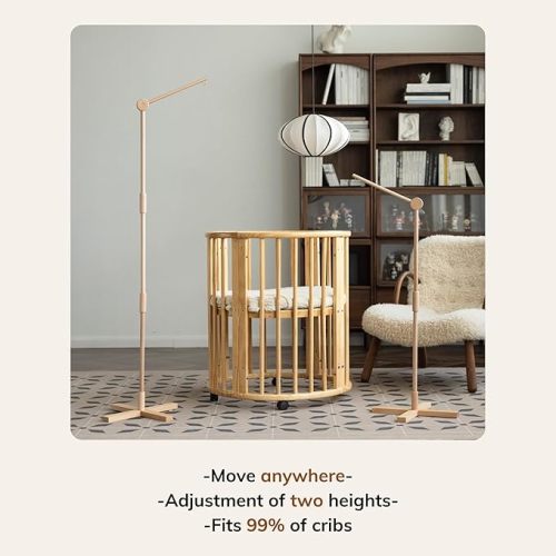 Crib Mobile Arm Wooden Floor Standing - 61 Inches Mobile Arm for Crib|Movable Baby Mobile Hanger|Strong Anti-Dumping Attachment|Natural EU Beech Wood|Thicker Pole|Boho Nursery Decor