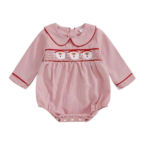 XRTBMN Infant Boys Santa Romper Long Sleeve Babydoll Collar Candy Cane Smocked Bodysuit Tops Newborn Baby Christmas Clothes