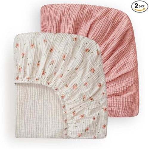 Blissful Diary Muslin Crib Sheets, 2 Pack, Pink Floral & Light Pink | fitted for 52''x28'' crib mattress, soft and breathable cotton, boho style, easy care for machine wash, gift for boy and girl