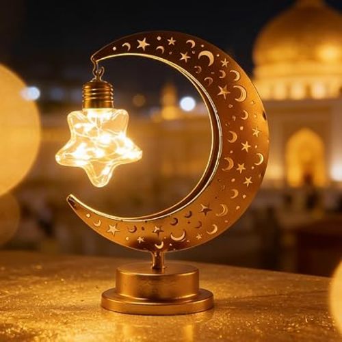 Ramadan Decorations Moon and Star Ramadan Lights for Table,Ramadan Decorations for Home Indoor and Outdoor,Moon Lamp with 2 LED Bulbs Table Decor,Moroccan,Eid, Gifts
