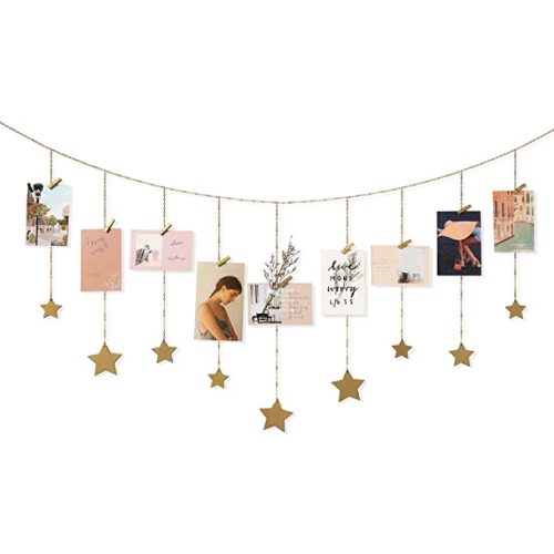 Mkono Hanging Photo Display Boho Decor Wooden Stars Garland with Metal Chains, Pictures Cards Holder with 25 Wood Clips, Wall Art for Christmas Living Room Bedroom Dorm Decor, Teen Girls Gift, Gold