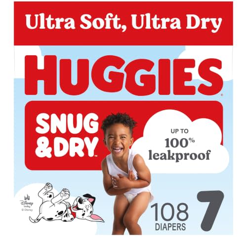 Huggies Snug & Dry Diapers Size 7, 108 Count | Ultra Soft and Ultra Dry, Day & Night Protection, GentleAbsorb Liner, Wetness Indicator, Fragrance Free, No Parabens