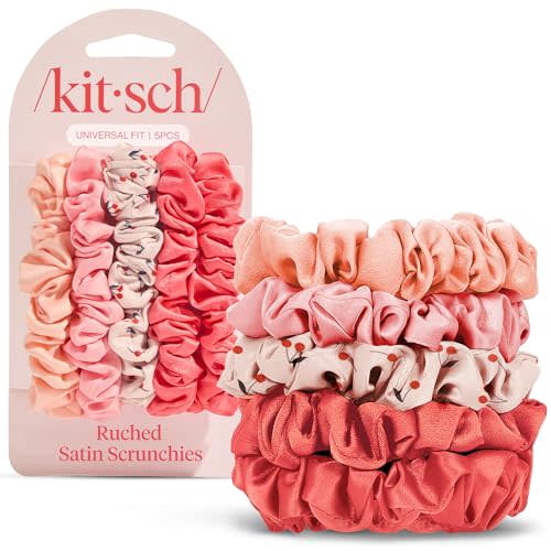 Kitsch Ultra-Petite Satin Scrunchies for Women - No Crease, Frizz-Free Sleep | Softer Than Silk Scrunchies Gentle On Hair Scrunchies for All Hair Types | Stylish Hair Accessories- Cherry Blossom, 5pcs