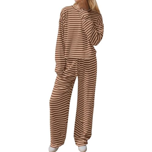 MISSACTIVER Women's Striped 2 Piece Lounge Set Casual Long Sleeve T-Shirt Drawstring Wide Leg Pants Matching Pajamas Set