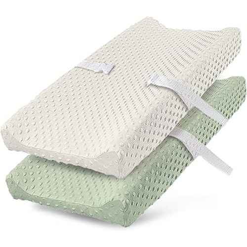 2 Pack Changing Pad Cover for Baby Boys Girls, Ultra Soft Breathable Plush Dot Diaper Changing Table Pad Cover, Neutral Fitted Changing Pad Sheets (Pristine and Green)